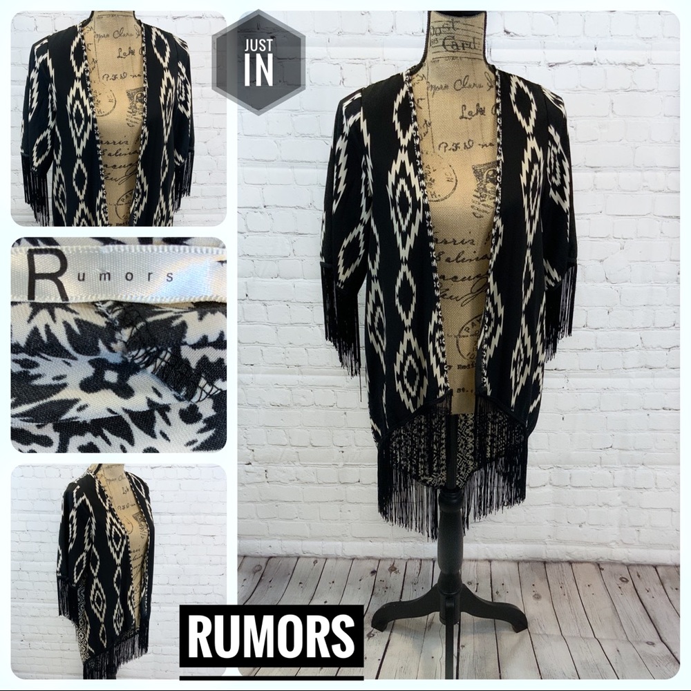 Rumors Aztec Fringe Open Front Cardigan Size XS